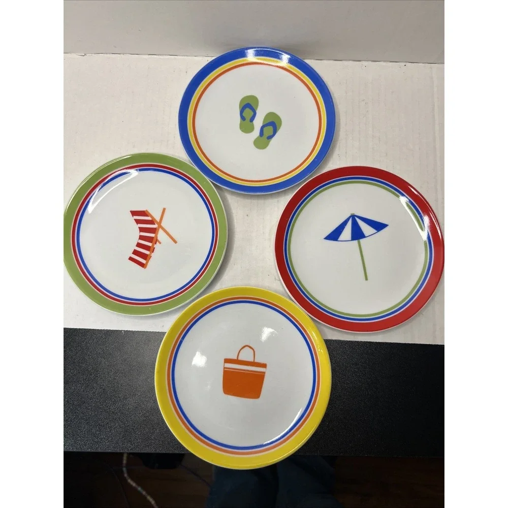 4 Tag Appetizer Dessert Plates Set Summer Beach Flip Flops Umbrella 6
